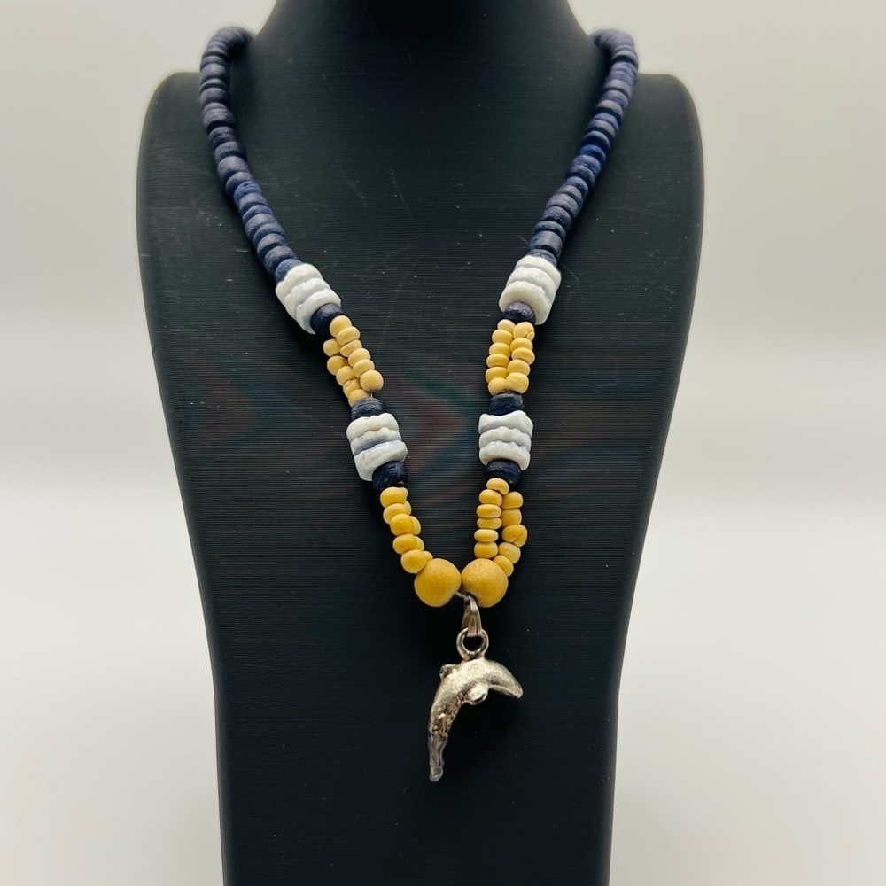 Vintage Beaded Necklace Blue Yellow Dolphin Pendant Surfer Style